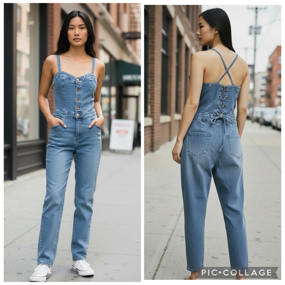 Denim Blvd Los Angeles Jean Strappy Halter Top Romper Jumpsuit Size Medium